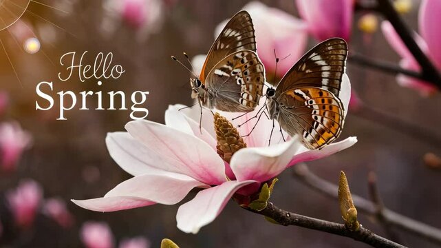 Two butterflies on magnolia blossom: hello spring nature scene