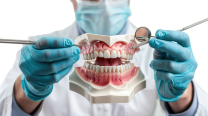 Dentist showing teeth anatomy using dental model with transparent background
