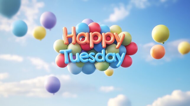 Colorful balloons spelling happy tuesday float in the sky