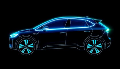Futuristic electric car design concept illuminated in vibrant blue lines