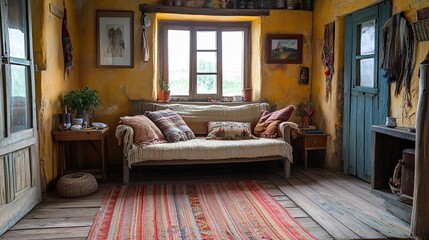 A humble, aged village cottage interior presents a simple, modest living space in a rural setting.