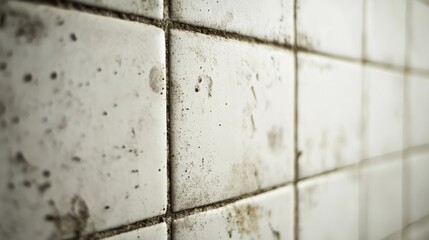Naklejka premium Close-up of dirty white tiles with marked textures. Tiles with details of wear and tear in an authentic look.