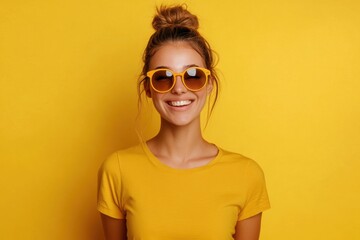 A cheerful woman wearing yellow clothing and matching sunglasses smiles brightly against a yellow backdrop. Generated AI
