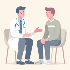 Fototapeta premium Doctor engaging in a health conversation with a patient in a cozy setting, highlighting healthcare communication, flat illustration 