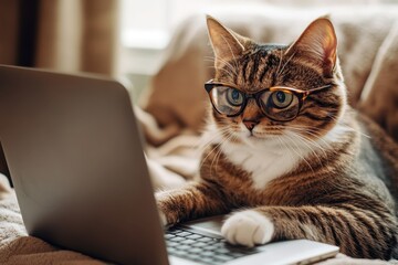 Tabby cat wearing glasses while sitting with a laptop, suggesting intellect and curiosity. Generated AI