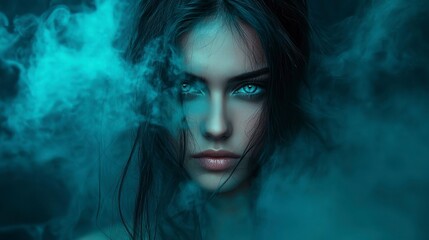 Fototapeta premium Fantasy portrait of a beautiful woman with blue eyes and smoke in her hair