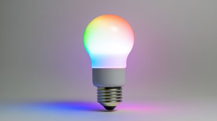 A smart LED bulb displaying different RGB colors, isolated on white