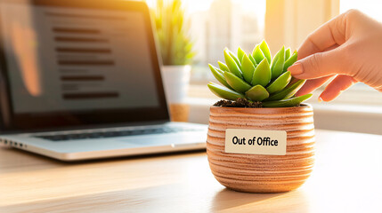 Out of Office Message Green Potted Plant Symbolizing Absence with Laptop in Background