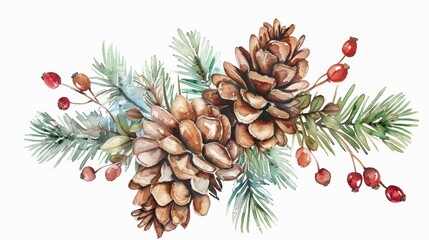 Watercolor Illustration of Winter Pinecones with Berries and Leaves on White Background