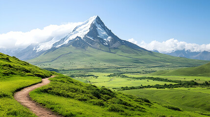 Naklejka premium Scenic Mountain Landscape With Green Meadow And Hiking Trail Under Blue Sky