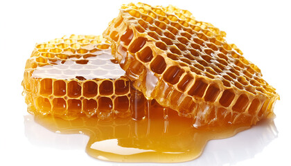 Honeycombs and sweet sticky honey puddle isolated on white background