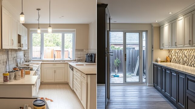 A Toronto kitchen renovation before and after shot, showing a significant transformation