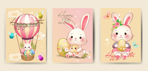 Set of Happy Easter greeting cards with cute bunnies and other festive elements.