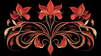 Artistic floral illustration depicting three stylized flowers with leaves and stems