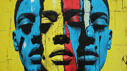 Striking mural featuring vibrant colors and abstract faces on a city wall during a sunny midday