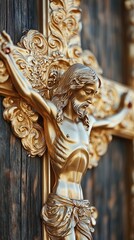 Fototapeta premium Detailed gold crucifix, Intricate golden cross sculpture depicting a religious figure, symbolizing faith and devotion in sacred art.