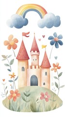 Whimsical Hand Drawn Textured Illustration of Rainbows and Clouds with Castle and Floral Elements