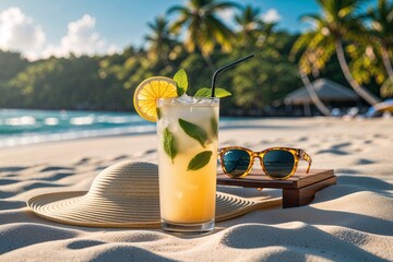 Brimmed Sun Hat, Smooth Mojito, and Fashionable Shades on Tropical Sands for a Blissful Vacation Vibe