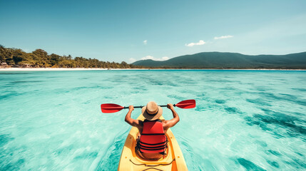 Experienced kayaker gliding across pristine turquoise waters, approaching lush tropical island under bright sunlight with scenic ocean backdrop