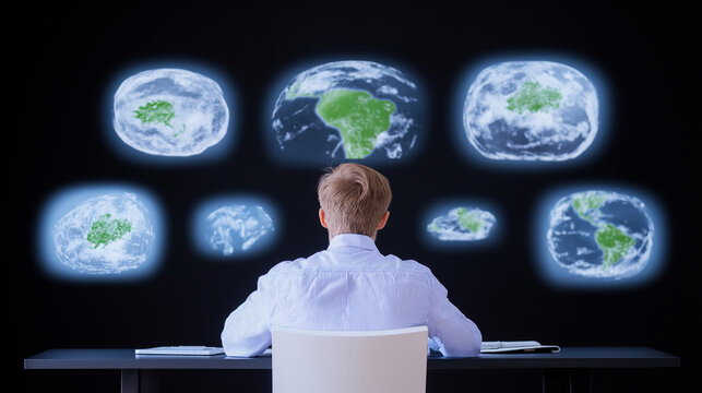 Researcher interacting with holographic global map, processing climate data through artificial intelligence for environmental sustainability research