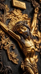 Obraz premium Detailed gold crucifix, Intricate golden crucifix sculpture showcasing artistry and devotion, ideal for cultural and religious themes.