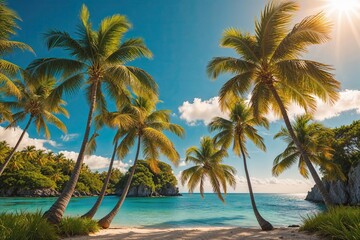 Fototapeta premium Charming Tropical Imagery with Warm Sunshine, Vibrant Palm Trees, and Azure Skies for a Summertime Exploration Concept