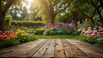 Soft focus old wooden floor with soft focus garden and flowers trees as background. Spring banner for text or product.