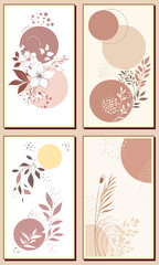 Abstract art background vector. Luxury minimalist style wallpaper with pastel line art flowers and botanical leaves, organic shapes, watercolours. Vector background for banners, posters, web and packa