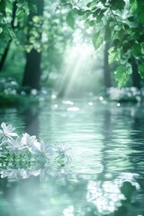 Naklejka premium Green theme Spring background with flowers leaves.