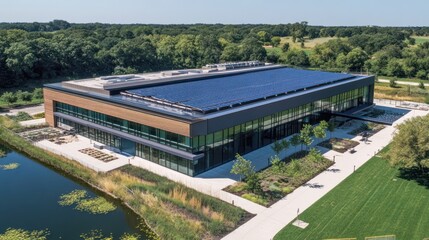 Modern building with solar panels and surrounding green landscape