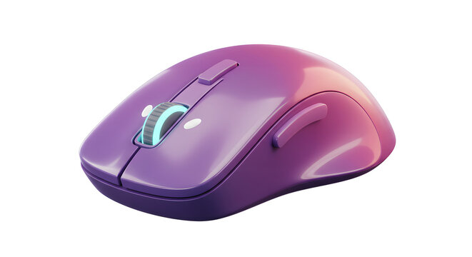 Wireless Purple Computer Mouse with Glowing Scroll Wheel on White Background