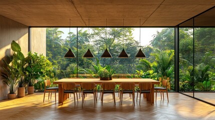 Fototapeta premium Modern dining room overlooking tropical jungle at sunrise