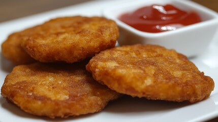Crispy Hash Brown Patties Golden, crispy hash brown patties served with ketchup