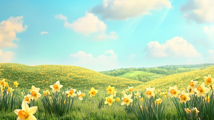 Obraz premium Beautiful hill valley during spring, yellow wild daffodils are growing in the grass. Gently hills in background, spring season. Background or mockup for easter or springtime.