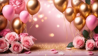 gold balloons and pink roses celebration