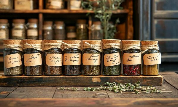 A rustic display of various spice jars on a wooden shelf, showcasing natural herbs and labels