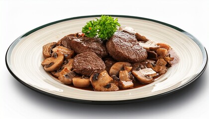 delicious plate of beef and mushrooms isolated on a transparent background