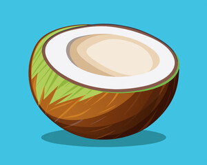 fresh coconut half with white flesh inside, on a light blue background.