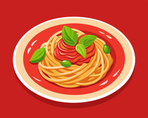 plate of spaghetti with tomato sauce and basil, on a rich red background.