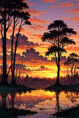 Naklejka premium The warm glow of the setting sun reflects on the vast swamp as dark silhouettes of trees add mystery to the tranquil scenery