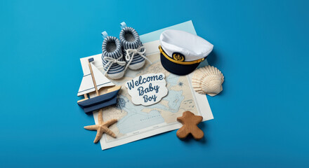 Nautical-themed baby shower concept with Welcome Baby Boy text, featuring baby shoes, sailor hat, seashells, starfish, toy boat, and map on blue background