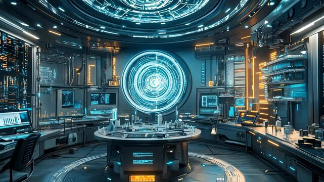 Advanced cybernetic control room with holographic interface and futuristic technology