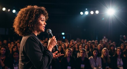 Confident woman speaking to a large audience.