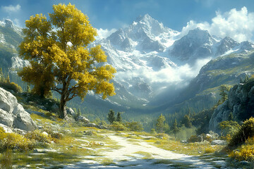 Scenic Mountain Landscape With Golden Tree And Path