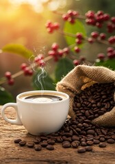 Steaming coffee cup among roasted beans.