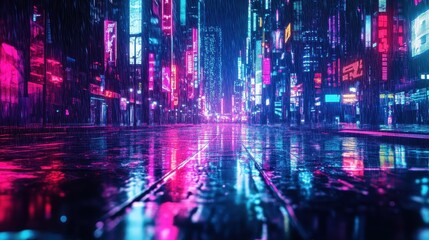 Fototapeta premium A cyberpunk style city street is illuminated by neon lights