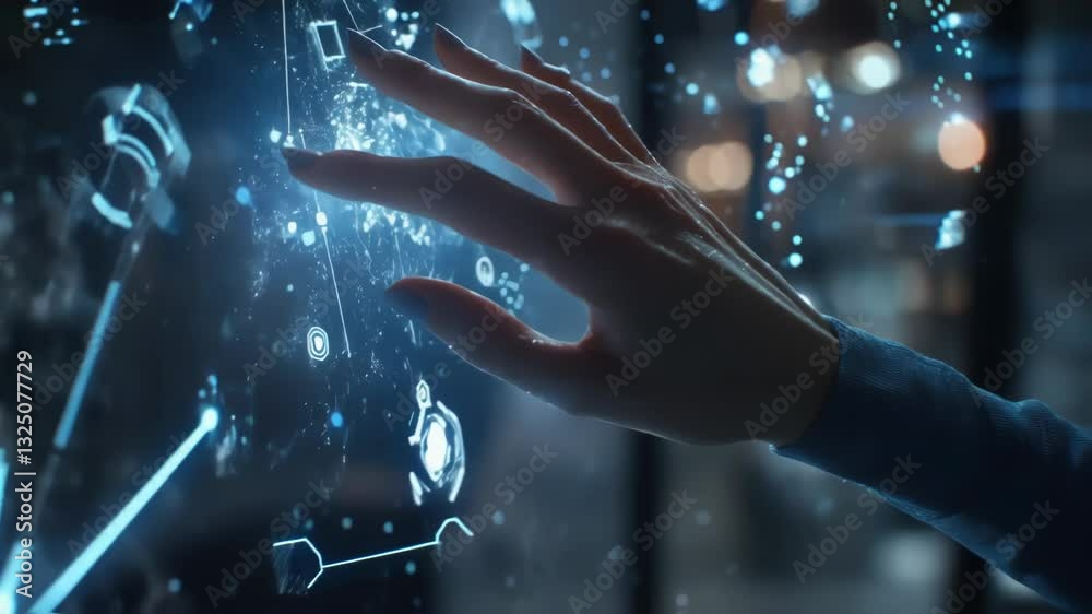 Wall mural female hand interacting with holographic digital interface, navigating futuristic technological netw
