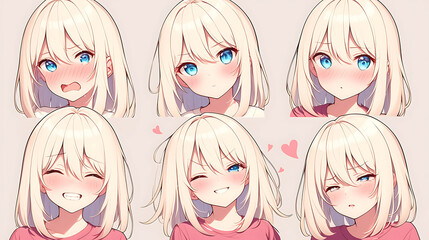 Six expressive illustrations of a character with blonde hair and blue eyes showcasing various emotions