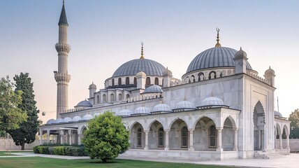 Obraz premium A mosque with multiple domes and a minaret behind