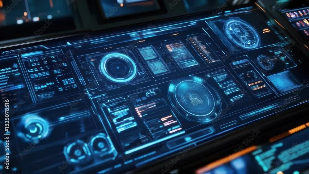 Wall mural futuristic control panel featuring complex data analysis and charts on a sleek digital interface, il